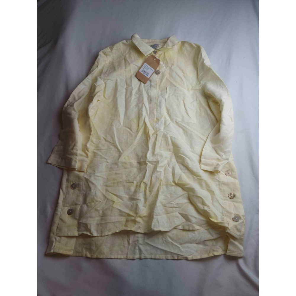 Tru Luxe Jeans Button Down Shirt Womens Small Yellow Linen Blend Tunic Grandma